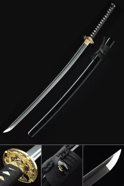 Handgjort japanskt samuraisvärd i damaskusstål med full tånge