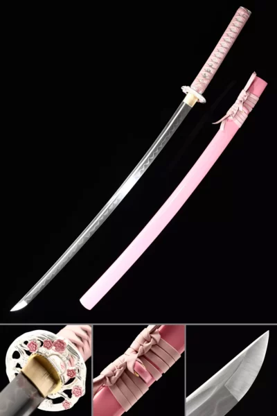 Handgjord japansk katana T10 kolstål lerhärdad med rosa slida