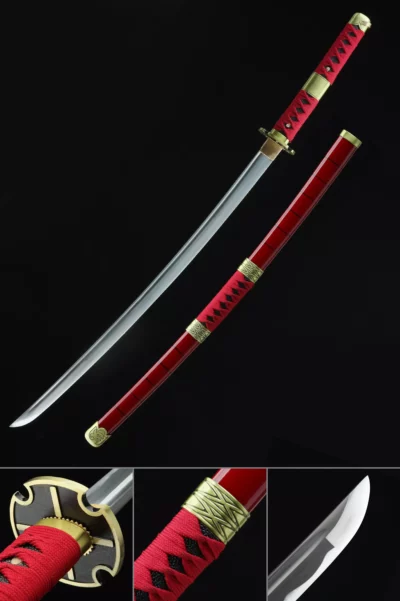 En PS Rorona Zoro Sandai Kitetsu Katana Samurai Sword Replica med röd skida