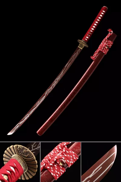 Handgjort japanskt katana-svärd med karmosinrött blad och skida